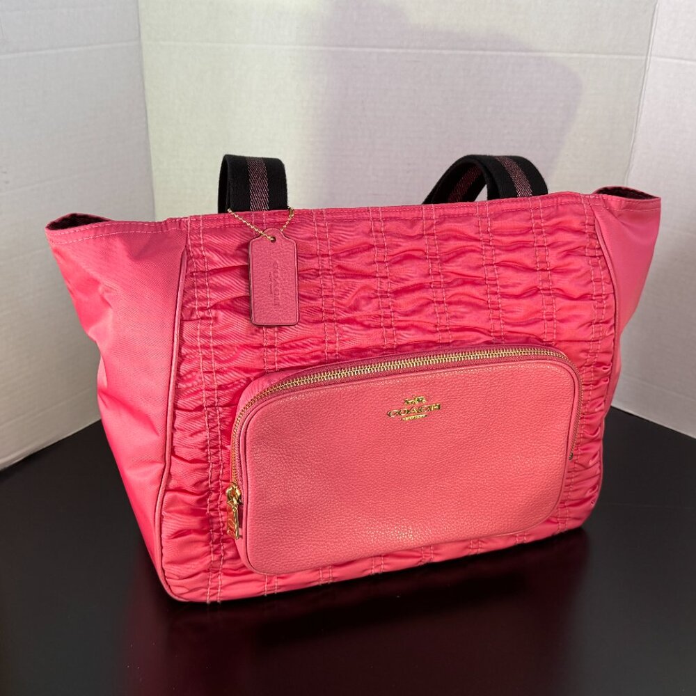 Coach C4093 Court Tote Shoulder Bag Confetti Pink Rouching Nylon w/Leather - Picture 2 of 15